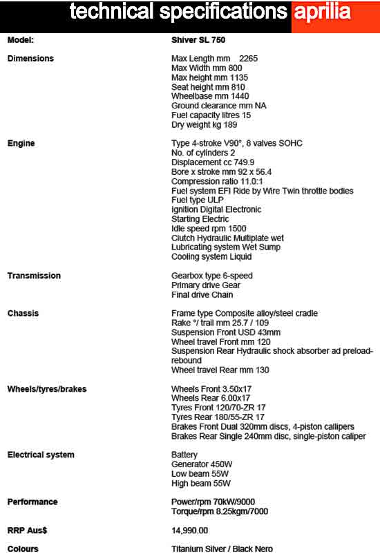 aprilia shiver 750 specifications
